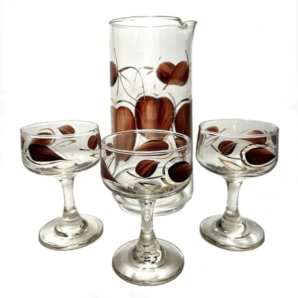 Vintage 1970s Anchor Hocking MCM Decanter Sherry Glasses Leaves Pitcher Cordial